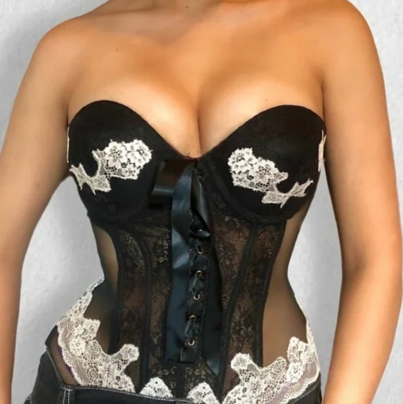 Victoria's Secret Vintage Strapless Push-up Bustier Corset Bra Lace-up Boning - Picture 1 of 13